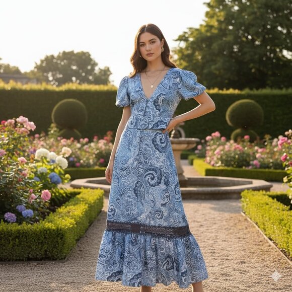 Elliatt Dresses & Skirts - Elliatt Nixi Linen Midi Dress in Blue Multi Floral Print Small Vacation Casual